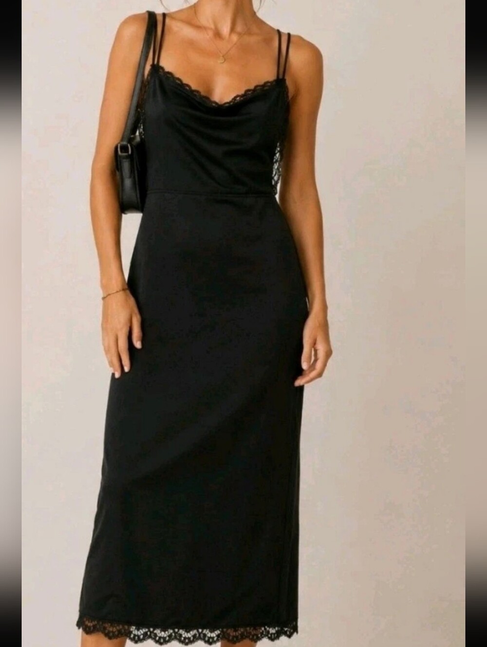 Gotch Free People Black Lace-Trim Slip Midi Dress